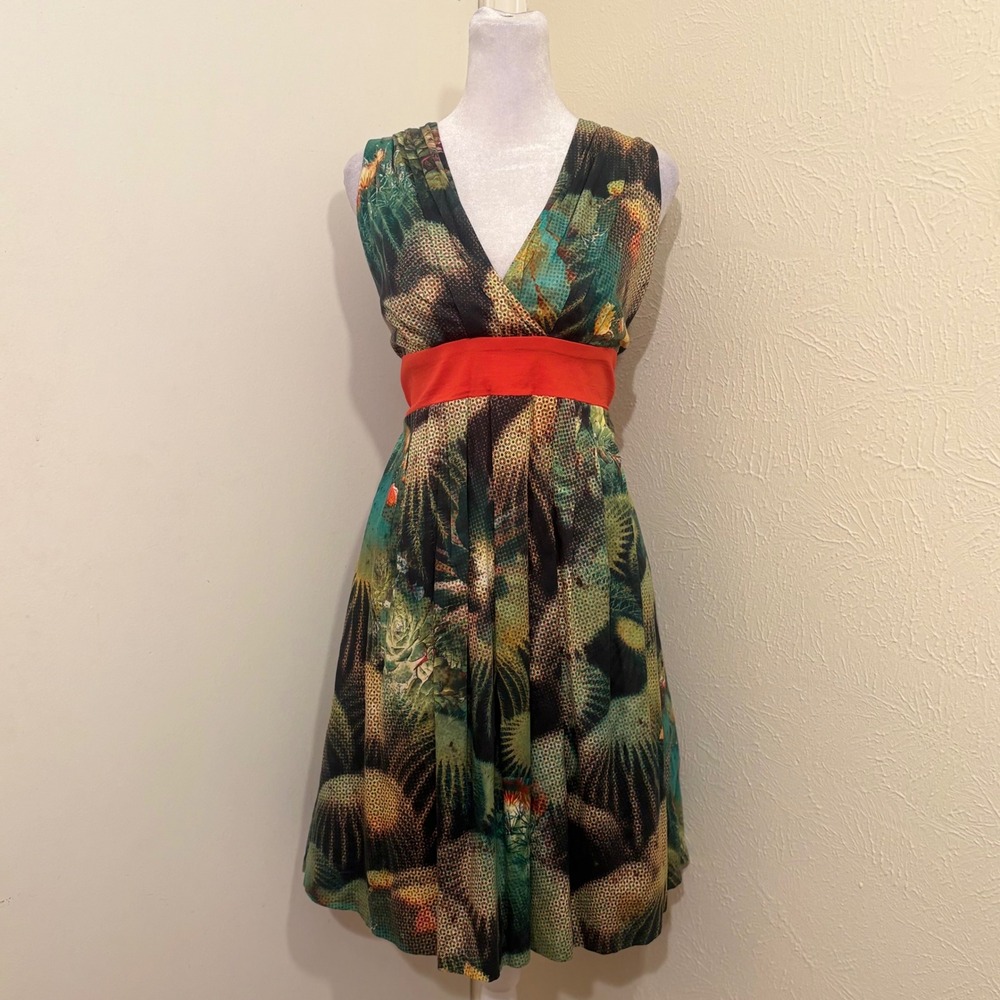 Eva Franco Cactus Succulent V-Neck Empire Waist Dress Orange‎ Sash Green Size 10